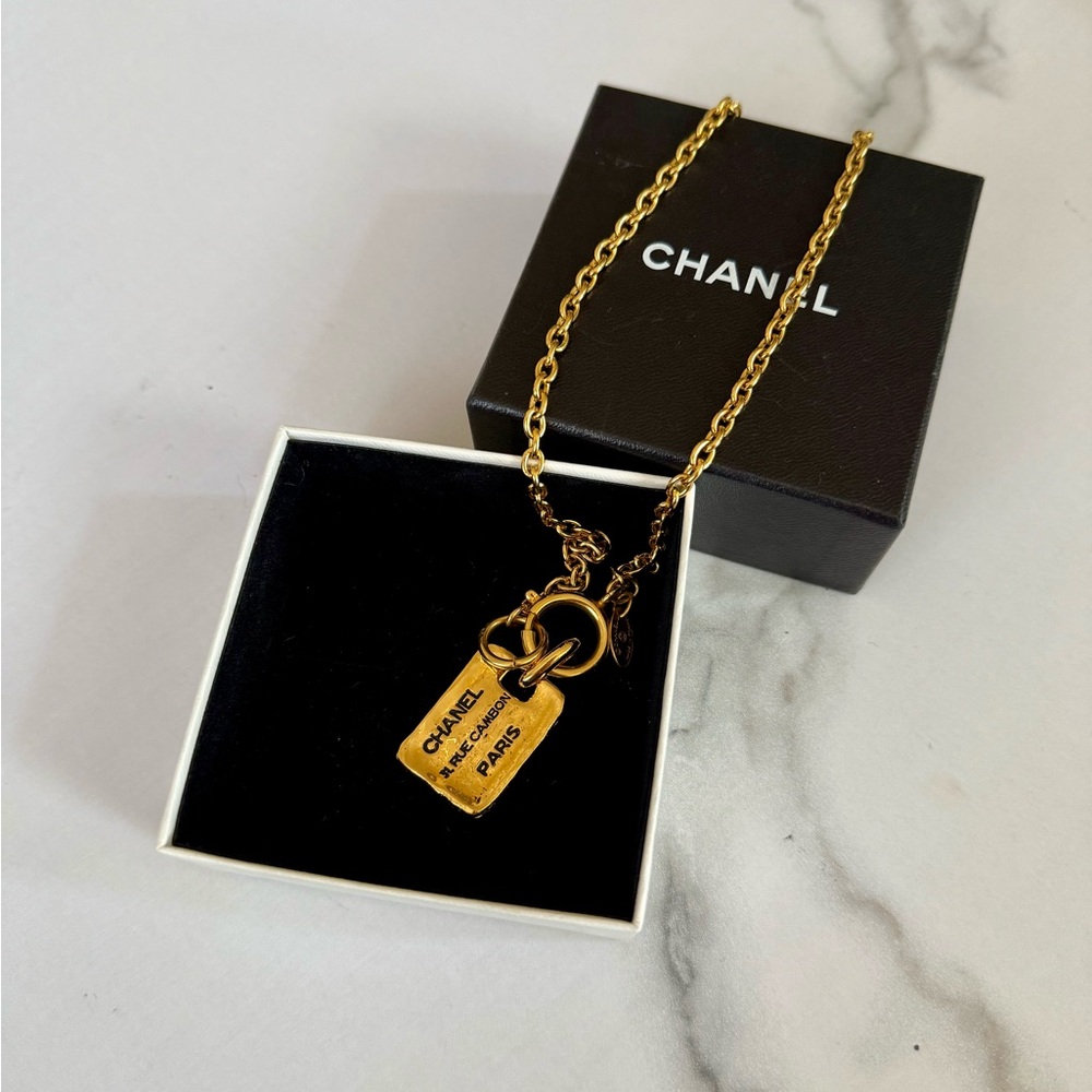 CHANEL Vintage Gold Dog Tag Rue Cambon Collar Necklace
